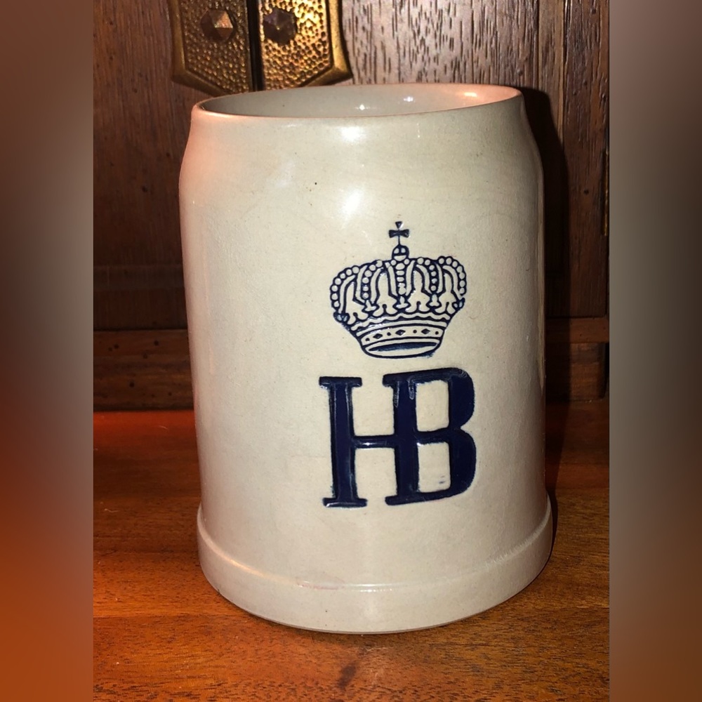 Antique German Beer Stein Hofbrauhaus Munich Glazed Pottery Stoneware Vintage .5